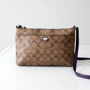 Coach Peyton Signature Brinn Crossbody Swingpack Brown Canvas w/ Purple Leather
